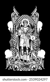 Archangel Gabriel. Illustration with angels and seraphim in heaven black and white in Byzantine style