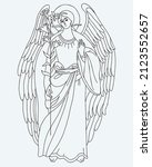 Archangel Gabriel with lily. Heavenly messenger. Vector illustration.Religious Linear Hand Drawing for Catholic and Orthodox Holidays Saint Archangel Gabriels Day Angel of Revelation and Annunciation