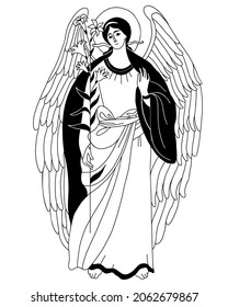 Archangel Gabriel with lily - Heavenly messenger. Vector decorative illustration. Religion concept Catholicism and Orthodoxy . Angel of Revelation, St. Archangels Gabriel of and Annunciation