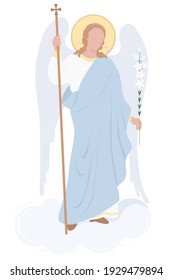 Archangel Gabriel on a cloud with a white lily - Celestial messenger. Vector. Religion - Catholicism and Orthodoxy . Angel of Revelation, Saint Gabriel the Archangels festival day and Annunciation