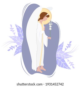 Archangel Gabriel on a cloud with a white lily - Celestial messenger. Vector. Religion - Catholicism and Orthodoxy . Angel of Revelation, Saint Gabriel the Archangels festival day and Annunciation