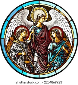 Archangel grouping, Raphael, Gabriel, and Michael- stained glass round window