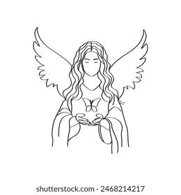 Archangel Jophiel, female with a butterfly in her hands elegant minimalist line art.