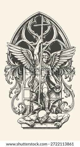 An archangel, likely Saint Michael, stands with wings spread, holding a cross staff above a defeated demon, depicted within a gothic architectural frame.