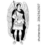 Archangel Michael in armor with sword. Vector decorative illustration. Outline hand drawing. Religious concept for Catholic and Orthodox communities and holidays of Saint Michael Archangel