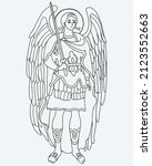Archangel Michael in armor with sword. Vector illustration. Outline hand drawing. Religious concept for Catholic and Orthodox communities and holidays of Saint Michael Archangel.
