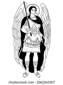 Archangel Michael in armor with sword. Vector decorative illustration. Outline hand drawing. Religious concept for Catholic and Orthodox communities and holidays of Saint Michael Archangel