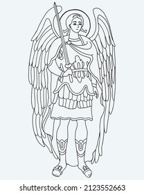 Archangel Michael in armor with sword. Vector illustration. Outline hand drawing. Religious concept for Catholic and Orthodox communities and holidays of Saint Michael Archangel.