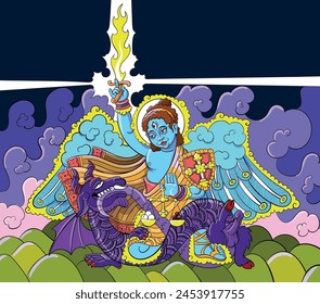 Archangel Michael defeats evil - drawing in the style of Kerala painting, India. The biblical character Archangel Michael sits with a flaming sword on a winged serpent. 