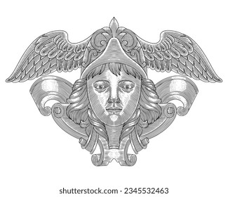  Archangel michael head, Vintage engraving drawing style vector illustration