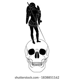 Archangel Michael with spear and wages standing on human skull. Last judgement or doomsday concept. Pangs of conscience. Black and white silhouette.