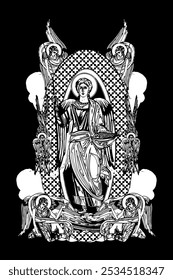 Archangel Raphael. Illustration with angels and seraphim in heaven black and white in Byzantine style