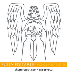 Archangel with sword. Modern thin line logo template. Fully editable curves. Mono linear pictogram of outline symbol. Stroke vector icon concept.