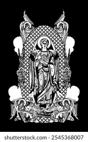 Archangel Uriel. Illustration with angels and seraphim in heaven black and white in Byzantine style