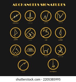 Archangels Seals, Angelic Sigils, Signatures of the Kingdom of Spirits ruler ship. Angels who serve God gold symbols isolated on black background.