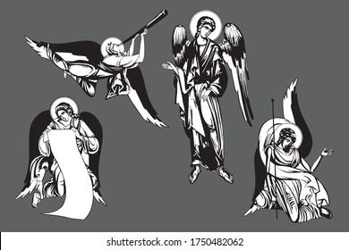 Archangels sketch set. Illustration, frescoes in Byzantine style