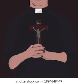Archbishop with crucifix in hands, hands with nails painted black.