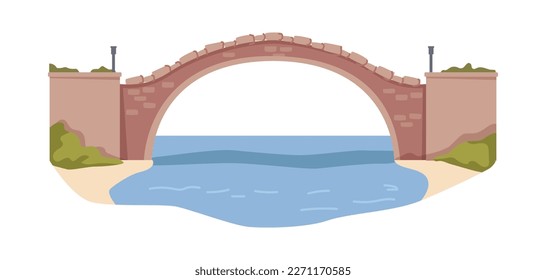 Arched ancient bridge connecting river banks. Isolated old architecture or historical sign. Overpass for people, road or way to cross. Vector in flat style