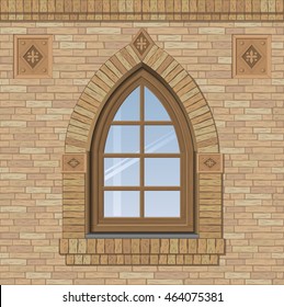 Arched antique window on a brick wall, the texture of the building facade, vector graphics