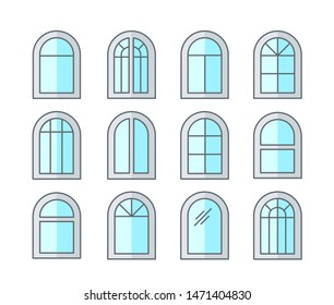 Arched & arch window. Casement & awning window frames. Flat line icon set. Vector illustration. Isolated objects on white background