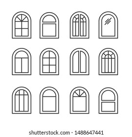 Arched & arch window. Casement & awning window frames. Line icon set. Vector illustration. Isolated objects on white background