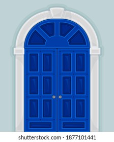 Arched Blue Double Door as Building Entrance Exterior Vector Illustration