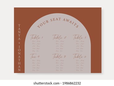 Arched Boho wedding seating chart template, Terracotta and burnt orange seating plan