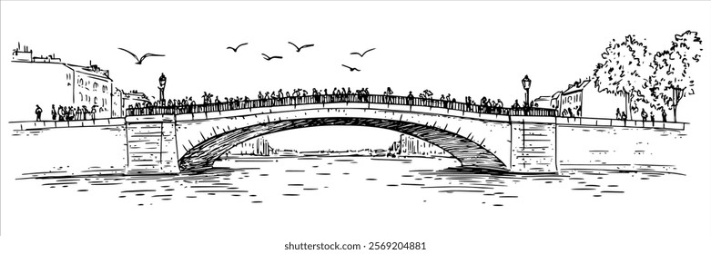 arched bridge with people and streetlamps, hand drawn sketch