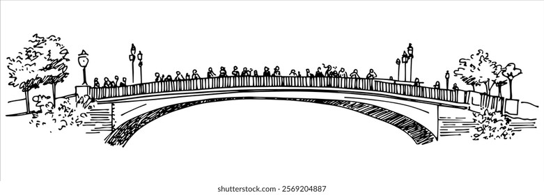 arched bridge with people and streetlamps, hand drawn sketch