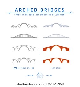 Arched bridges. Set of outline icons with editable stroke and flat items. Types of bridges collection. Vector illustration isolated on a white background.