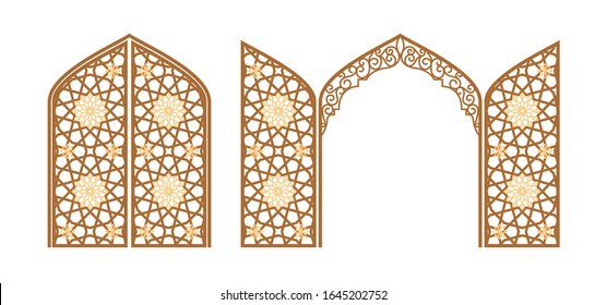 Arched carved gate with arabic ornament. Layout for clipping. Vector illustration.