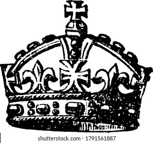 The arched crown with the arches crosses, appears on the great seal of Henry VIII, always have been crosses patees, vintage line drawing or engraving illustration.