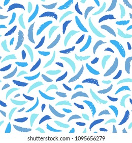 Arched, curved brush strokes seamless repeat vector pattern, chaotic texture. Sickle, crescent shape textured smudges, smears, stains with rough edges. Shade of blue hand drawn background.