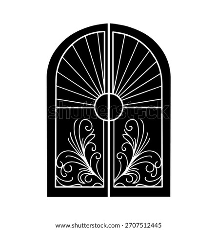 Arched decorative wrought iron door gate silhouette vector illustration graphic design sunburst scroll motif.