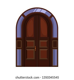 Arched double door. Heavy wooden door heavy with handle. Vector illustration can be used for topics like architecture, restaurant, hotel, hall, entrance