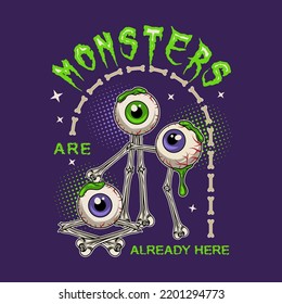 Arched emblem with moving monsters made of bones, human eyeballs with drops of green goo, slime, text. Round halftone shapes, little stars on violet background. Creepy illustration