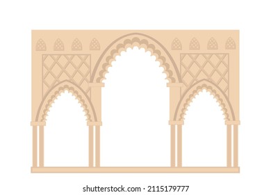 Arched entrance to Indian Palace, flat illustration in beige and brown tones, isolated on white background
