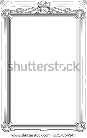 Arched frame cover in classic engraving style. Stained glass vignette or print. Silhouette or forging.