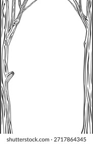 Cubierta de marco arqueado con árboles. Vidriera o viñeta impresa. Silueta
