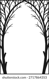 Cubierta de marco arqueado con árboles. Vidriera o viñeta impresa. Silueta