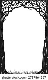 Cubierta de marco arqueado con árboles. Vidriera o viñeta impresa. Silueta