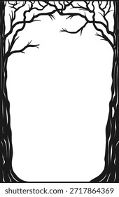 Cubierta de marco arqueado con árboles. Vidriera o viñeta impresa. Silueta