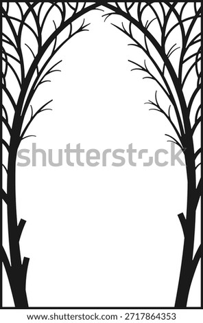 Arched frame cover with trees. Stained glass vignette or print. Silhouette