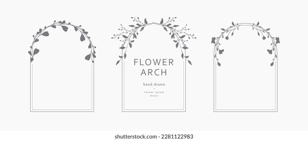 Arched frames with flowers and leaves. Collection of vector templates with floral silhouette. Botanical illustration for label, wedding invitation, save the date, design, logo, monogram