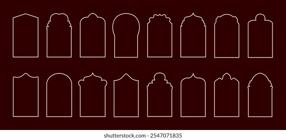Marcos arqueados en estilo oriental o art deco. Forma de ventana árabe. Ornamento lineal geométrico dorado.  Ilustración vectorial.