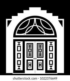 Arched front door. Black and white illustration