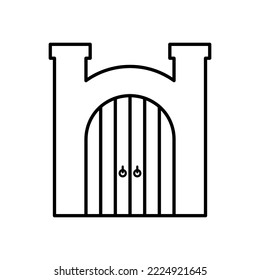 Das Symbol "Arched Gate". Schwarze Kontur lineare Silhouette. Vertikale Vorderansicht. Bearbeitbare Striche. Vektorgrafik, einfache flache Grafik. Einziger Gegenstand auf weißem Hintergrund. Isolieren.