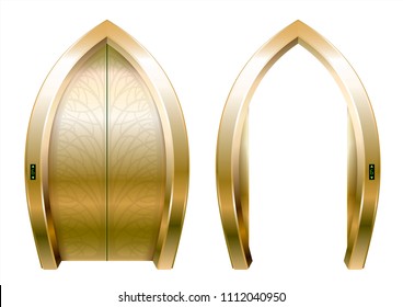 Arched Gold Doors Of The Elevator Or Gateway In The Eastern Style. Vector Graphics