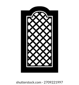Arched Lattice Door Panel Silhouette Vector Illustration: Rectangular Frame with Diamond Grid and Round Top