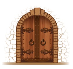 Arched Medieval Wooden Door In A Stone Wall